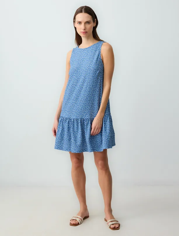 Women Blue Relaxed Fit Round Neck Sleeveless Polka Dot Knitted Mini Dress