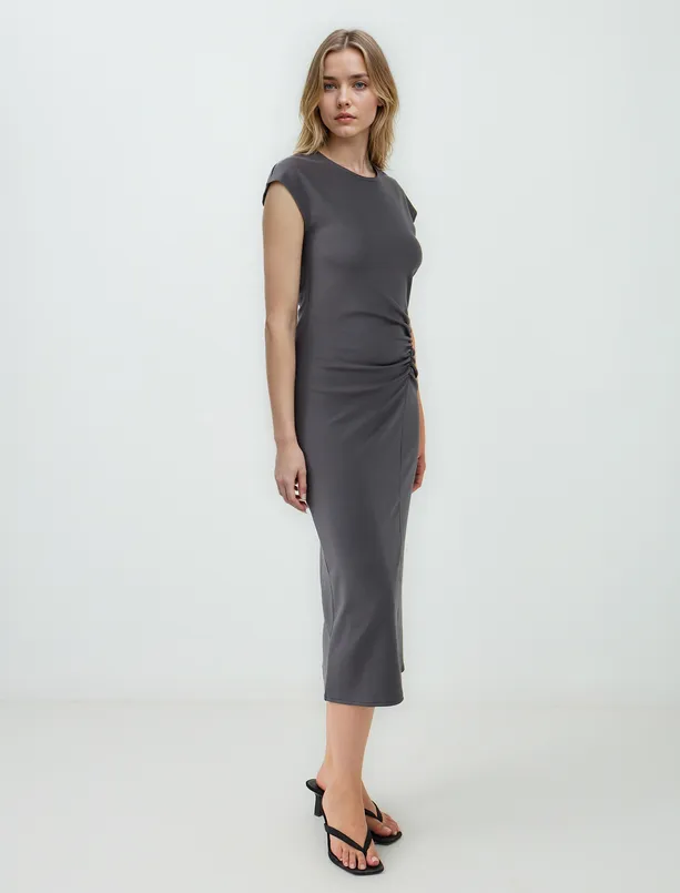 Women Anthracite Crew Neck Short Sleeve Long Dress with Shirred Waist