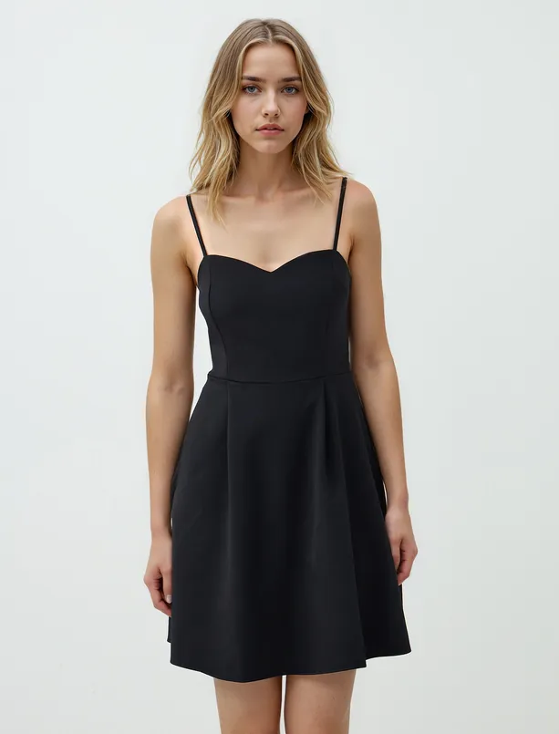 Women Black Slim Fitted Heart Neck Strappy Mini Dress