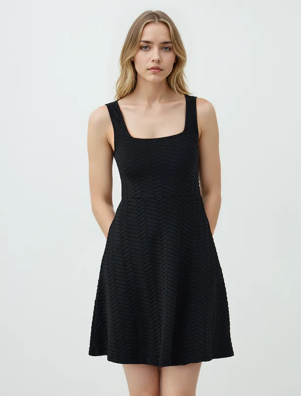 Women Black Slim Fitted Square Neck Strappy Mini Dress