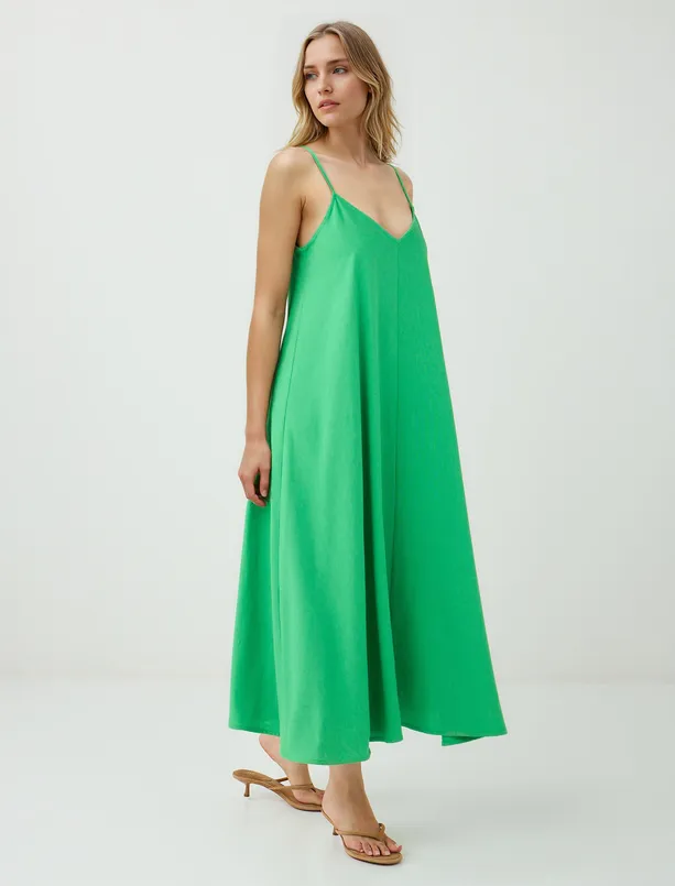 Women Green Strappy V-Neck Linen Blend Midi Dress