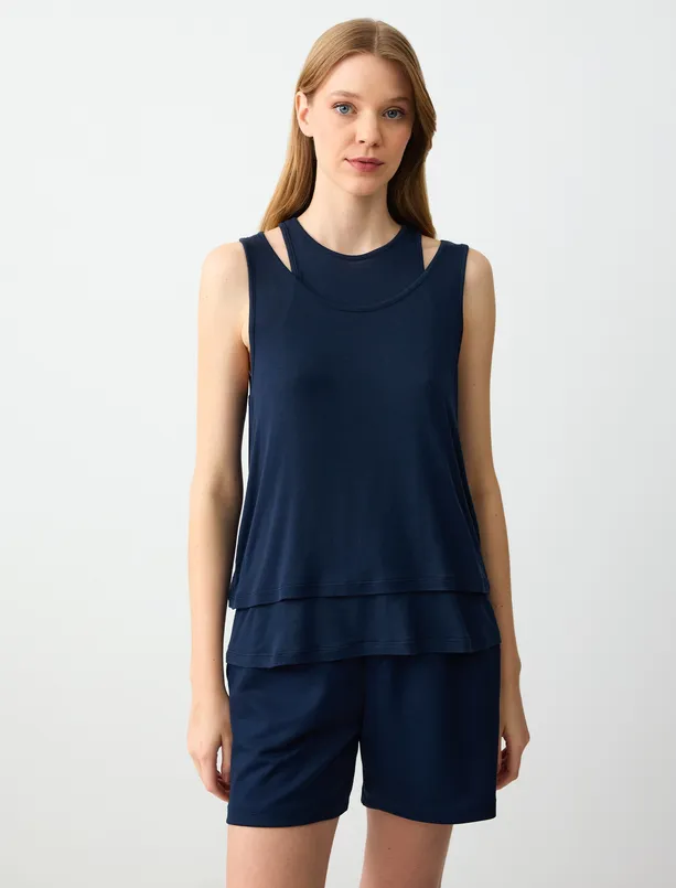 Women Dark Blue Relaxed Fit Round Neck Sleeveless Knitted Blouse