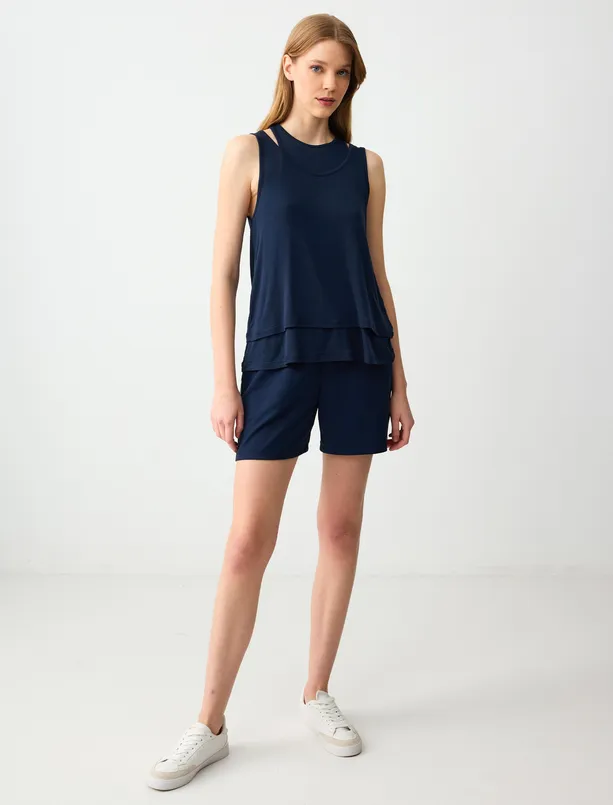 Women Dark Blue Relaxed Fit Round Neck Sleeveless Knitted Blouse