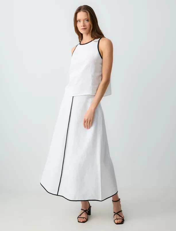 Women White Relaxed Fit Regular Waist Linen Midi Skirt