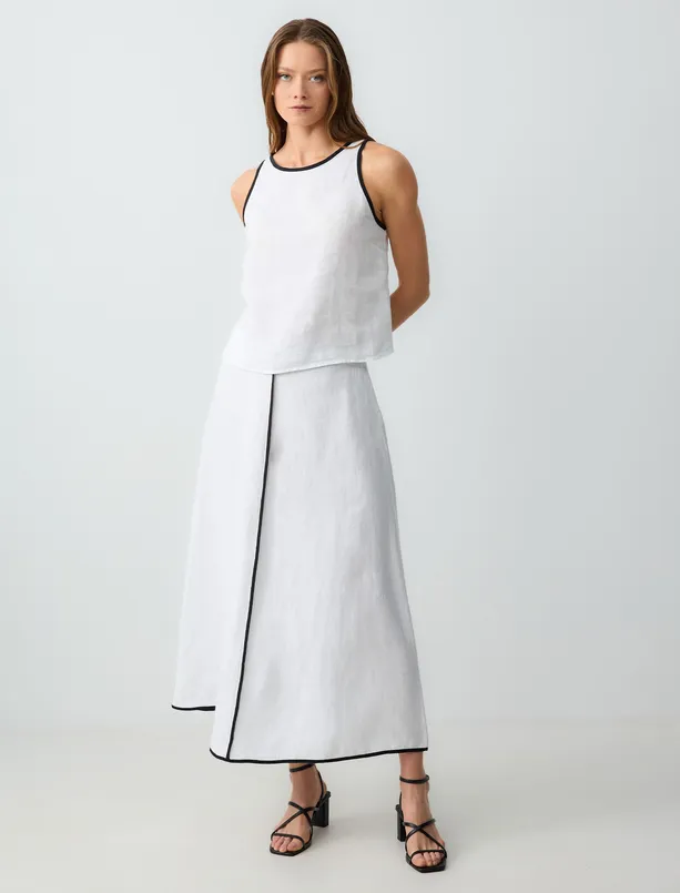 Women White Relaxed Fit Regular Waist Linen Midi Skirt