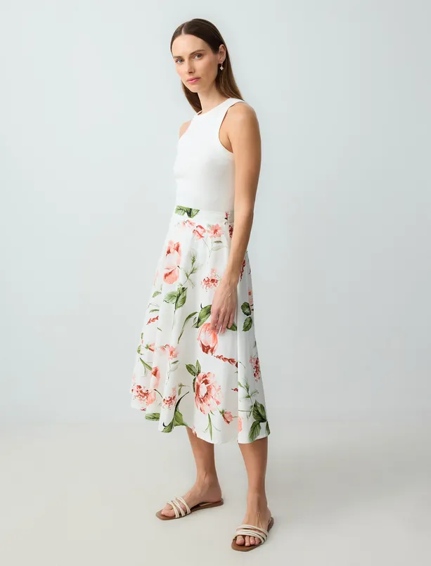 Women Ecru Relaxed Fit Regular Waist Floral Patterned Cotton Midi Skirt