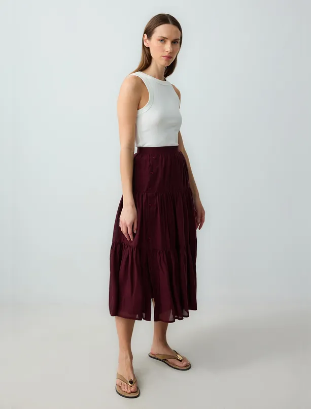 Women Claret Red Relaxed Fit Regular Waist Long Woven Skirt with Button Detail