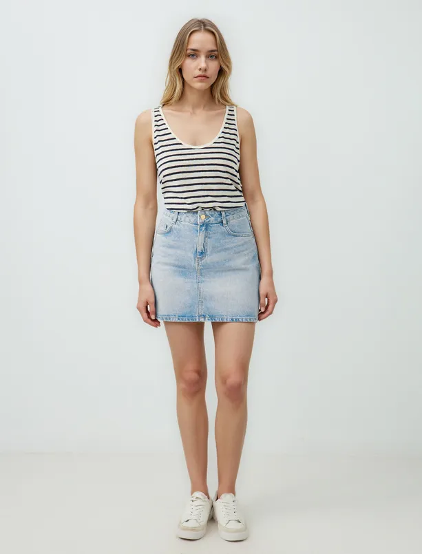Bayan Mavi %100 Pamuk Düz Kesim Normal Bel Mini Denim Etek