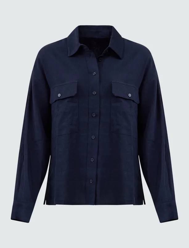 Women Dark Blue Straight Cut Long Sleeve Pocket Detailed Woven Linen Shirt