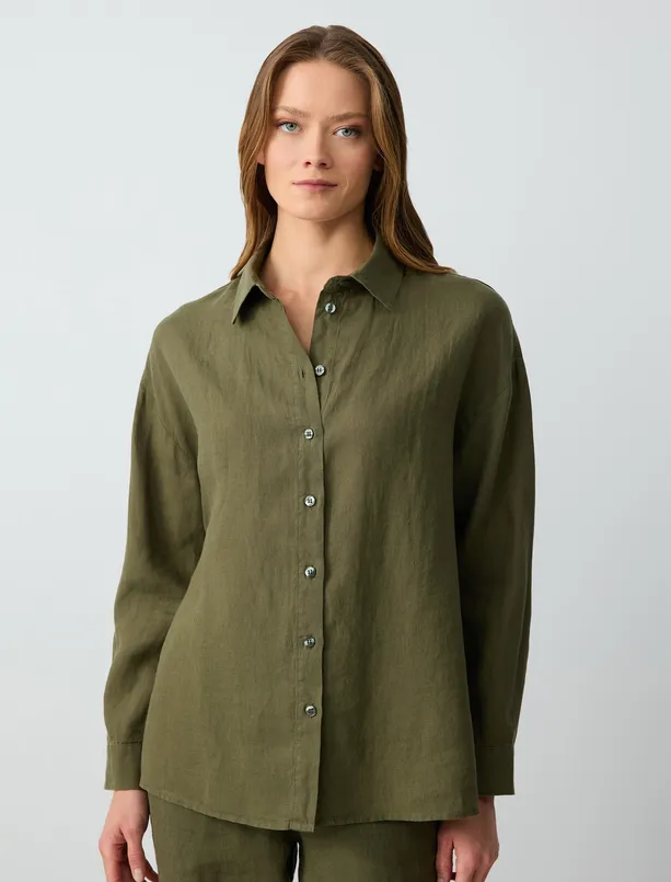 Women Haki Straight Cut Long Sleeve Woven Linen Shirt