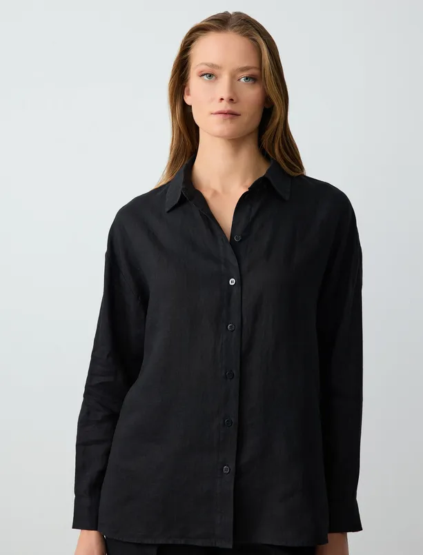 Women Black Straight Cut Long Sleeve Woven Linen Shirt