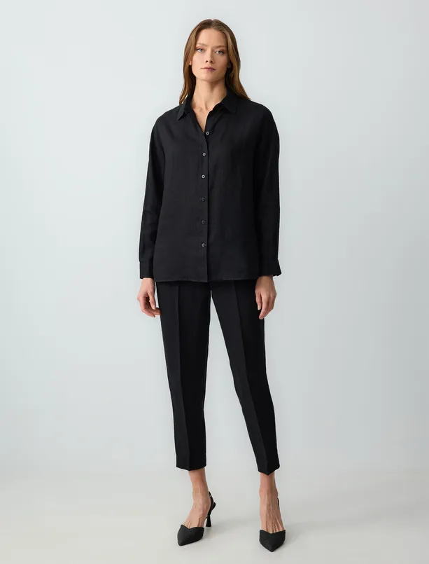 Women Black Straight Cut Long Sleeve Woven Linen Shirt