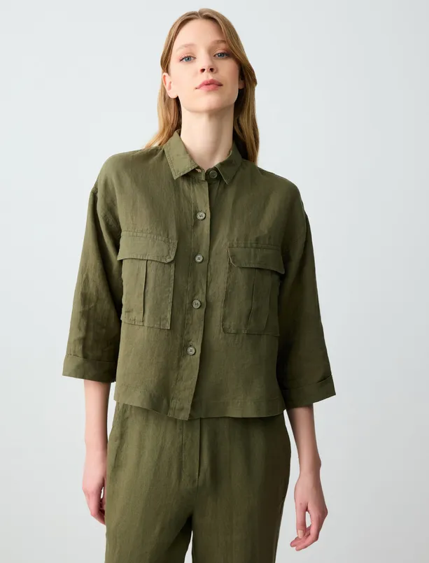 Women Haki Relaxed Fit Trouser Sleeve Linen Shirt