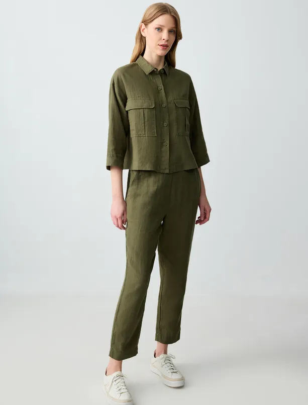 Women Haki Relaxed Fit Trouser Sleeve Linen Shirt