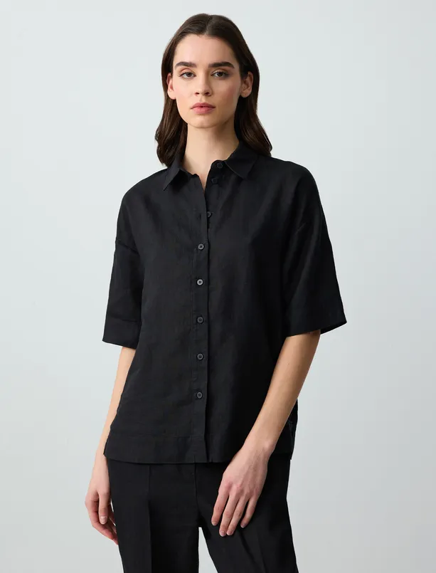 Women Black Straight Cut Short Sleeve Woven Linen Shirt