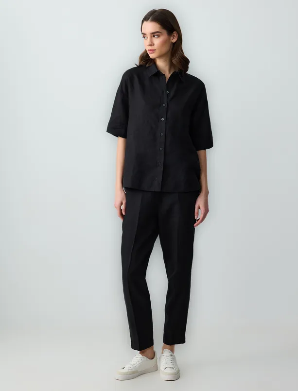 Women Black Straight Cut Short Sleeve Woven Linen Shirt