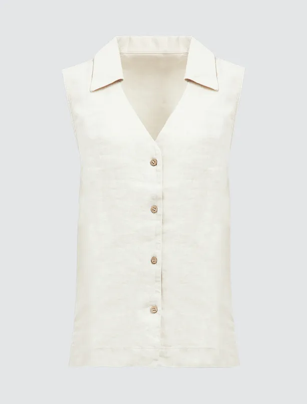 Women Beige Slim Fit Sleeveless Linen Shirt