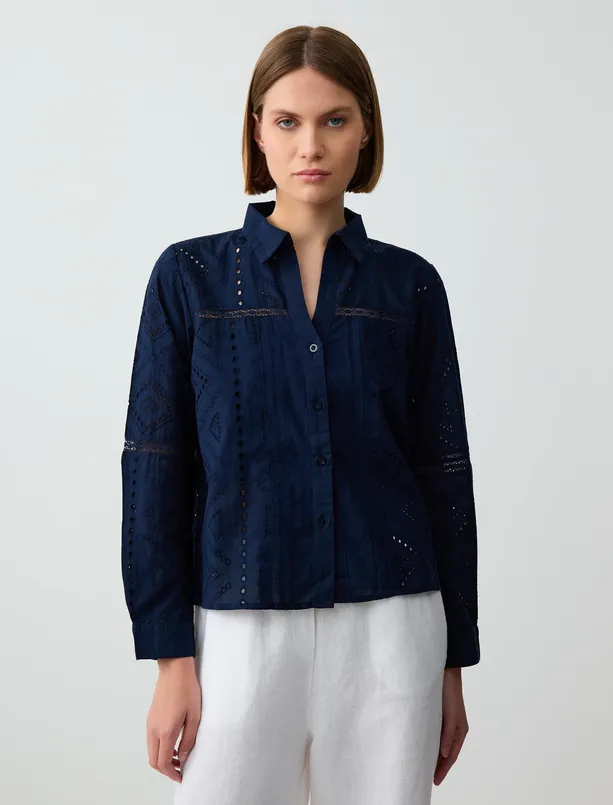 Women Dark Blue 100% Cotton Long Sleeve Openwork Woven Shirt