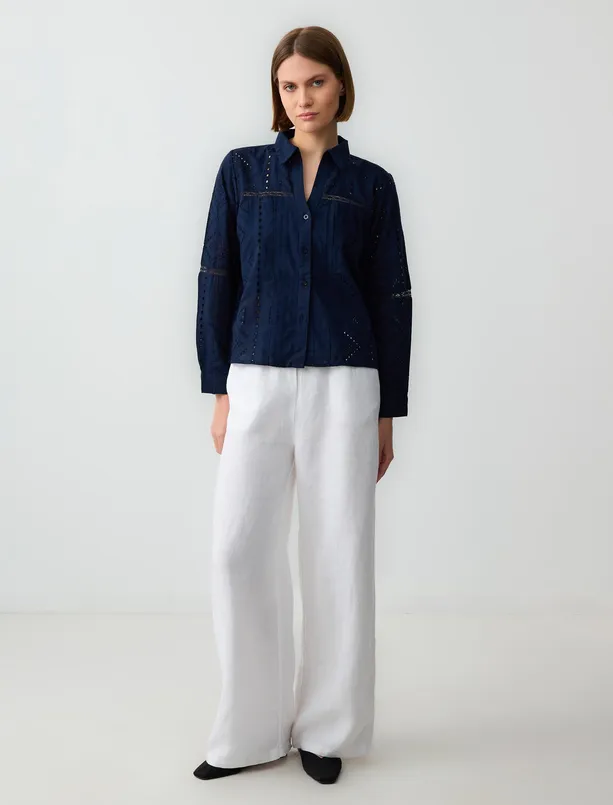 Women Dark Blue 100% Cotton Long Sleeve Openwork Woven Shirt