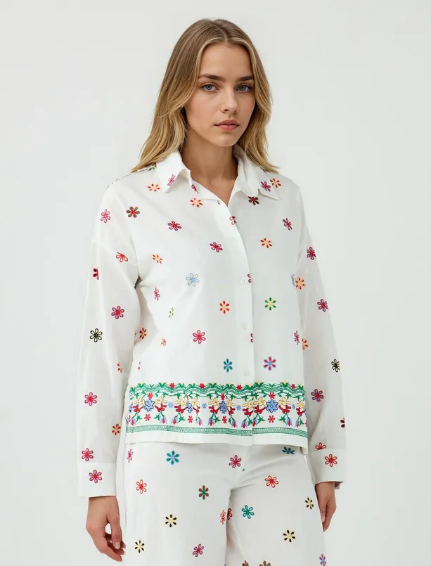 Women Ecru 100% Cotton Floral Patterned Shirt Collar Woven Shirt