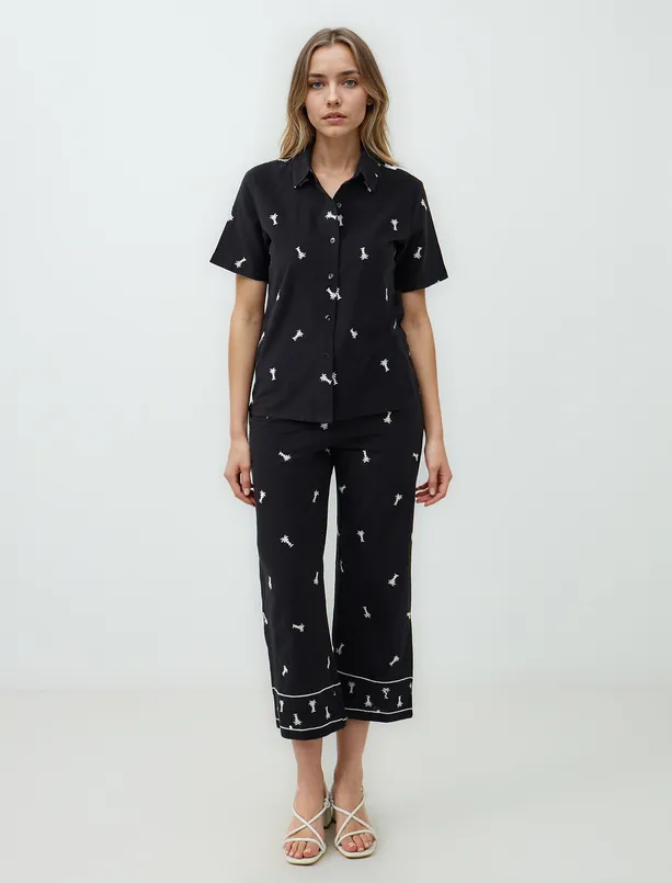 Women Black 100% Cotton Short Sleeve Patterned Woven Shirt