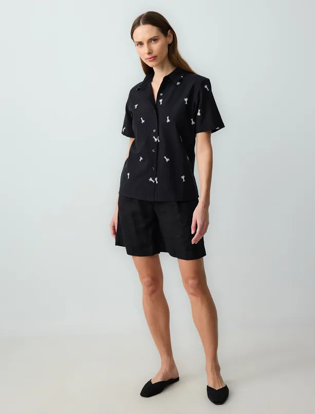 Women Black Short Sleeve Patterned Cotton Woven Shirt
