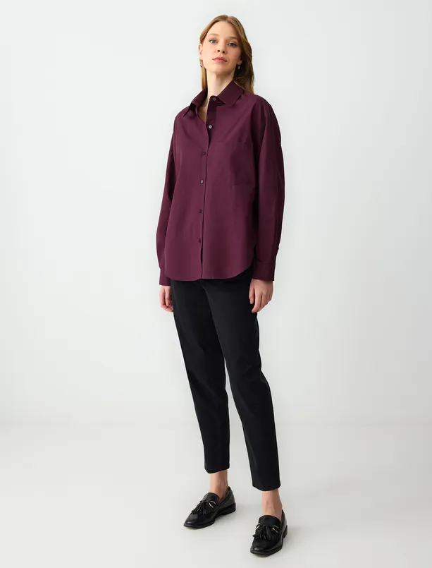 Women Claret Red Relaxed Fit Long Sleeve Cotton Woven Shirt