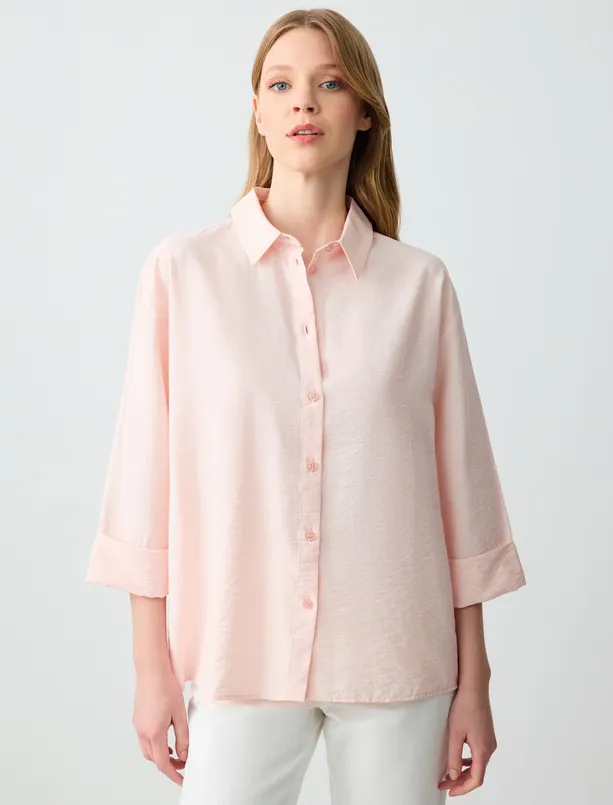 Women Pink Relaxed Fit Trouser Sleeve Long Woven Shirt