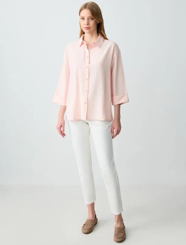 Women Pink Relaxed Fit Trouser Sleeve Long Woven Shirt