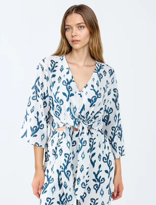 Women  V-Neck Truvakar Sleeve Patterned Linen Blend Shirt