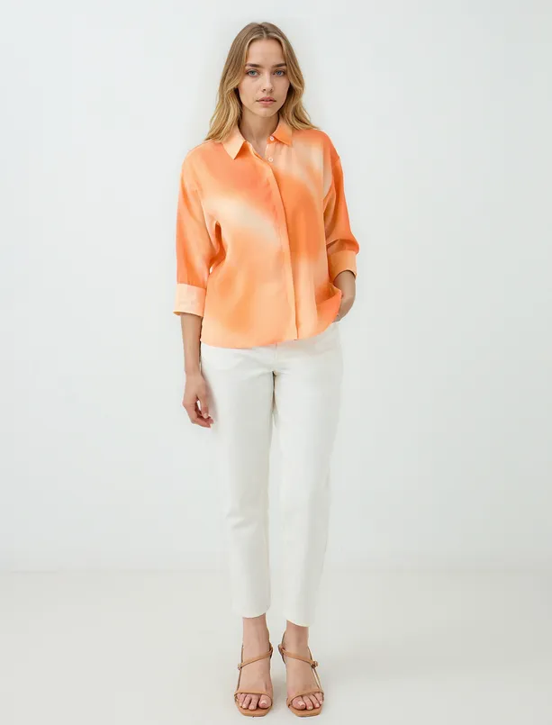 Women Orange Straight Cut Trouser Sleeve Color Transition Modal Woven Shirt