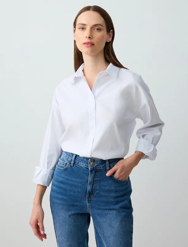 Women  Relaxed Fit Long Sleeve Woven Poplin Shirt