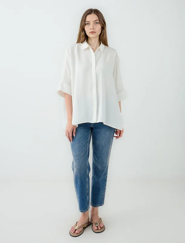 Women White Relaxed Fit Trouser Sleeve Long Shirt