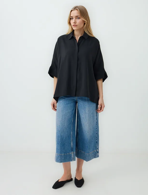 Women Black Relaxed Fit Trouser Sleeve Long Shirt