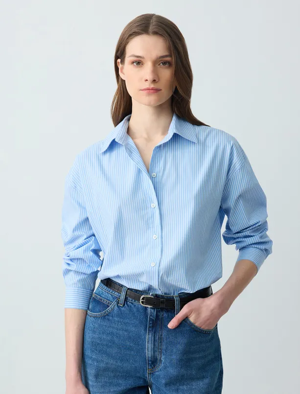 Women Blue Relaxed Fit Long Sleeve Striped Woven Shirt