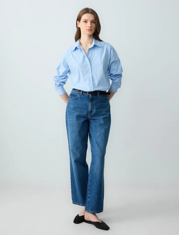 Women Blue Relaxed Fit Long Sleeve Striped Woven Shirt