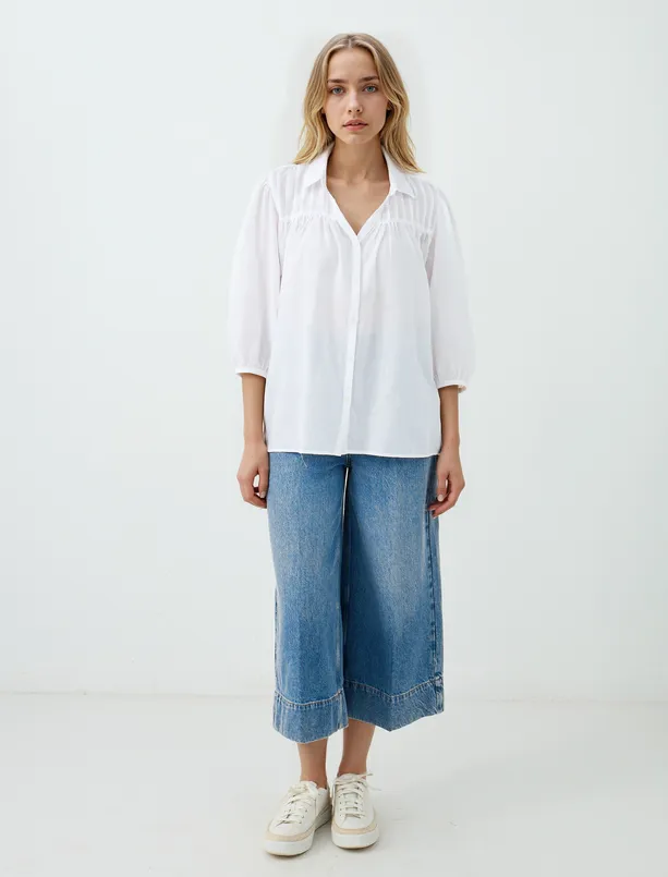 Women Ecru 100% Cotton Relaxed Fit Judge Collar Shirt