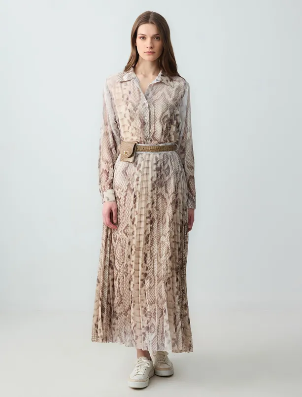 Women Beige Relaxed Fit Long Sleeve Patterned Chiffon Shirt