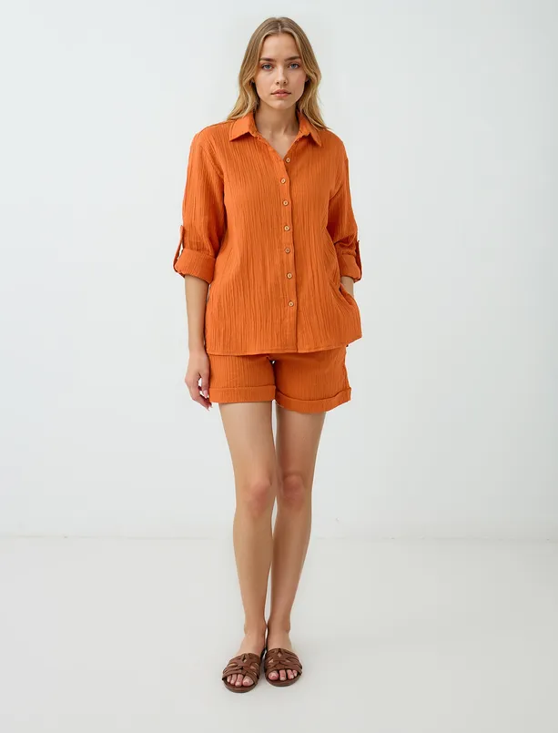 Women Orange Long Sleeve Button Detailed Woven Shirt