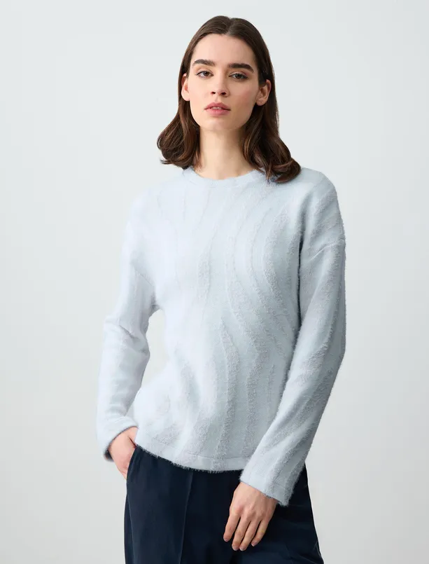 Women Blue Asymmetric Line Pattern Crew-Neck Knitted Pullover