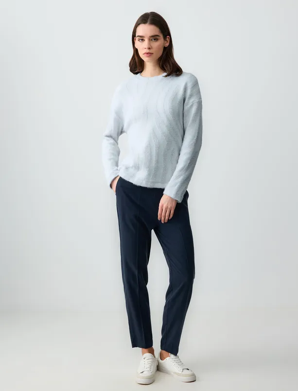 Women Blue Asymmetric Line Pattern Crew-Neck Knitted Pullover