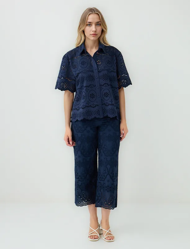 Women Dark Blue 100% Cotton Relaxed Fit High Waist Wide Leg Openwork Pants