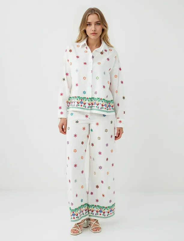 Women Ecru 100% Cotton Relaxed Fit Wide Leg Floral Patterned Pants