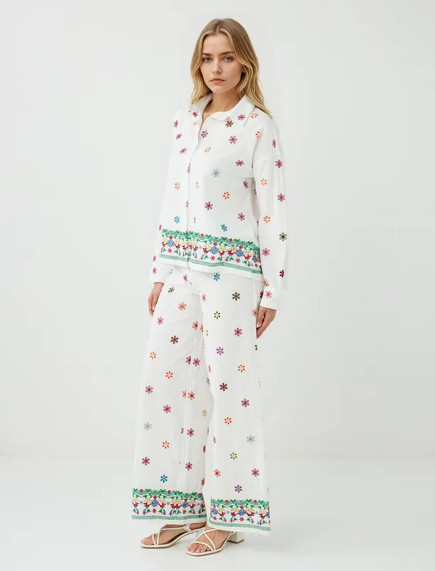 Women Ecru 100% Cotton Relaxed Fit Wide Leg Floral Patterned Pants