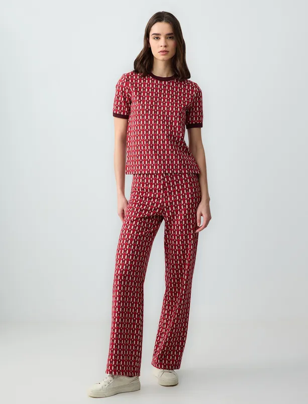 Women Claret Red Relaxed Fit High Waist Wide Leg Knitted Patterned Pants