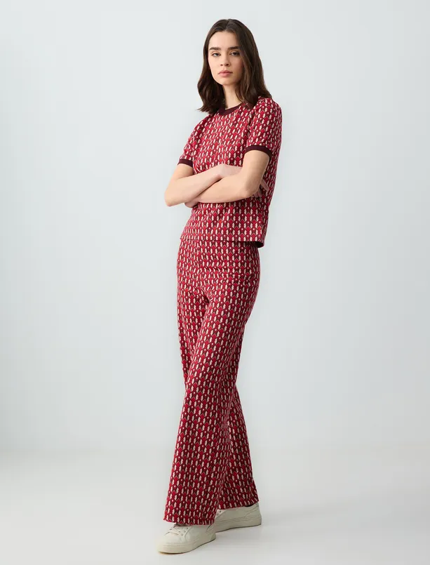 Women Claret Red Relaxed Fit High Waist Wide Leg Knitted Patterned Pants