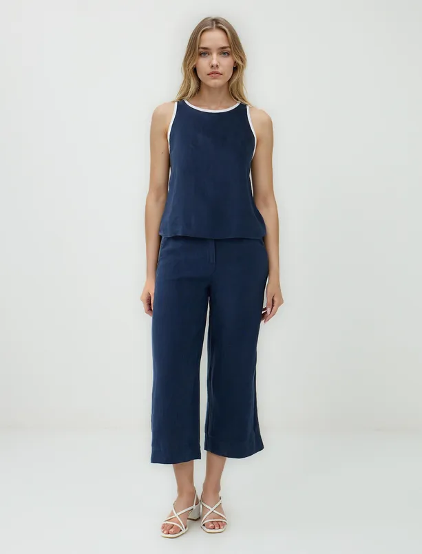 Women Dark Blue 100% Linen Relaxed Fit High Waist Wide Leg Woven Pants