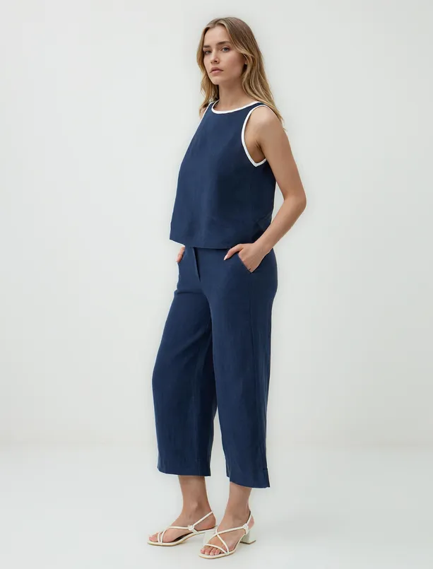 Women Dark Blue 100% Linen Relaxed Fit High Waist Wide Leg Woven Pants