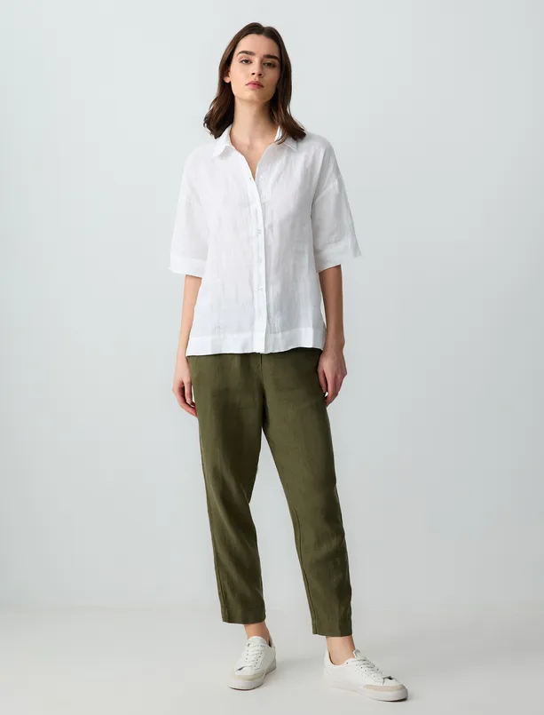 Women Haki High Waist Regular Leg Woven Linen Pants