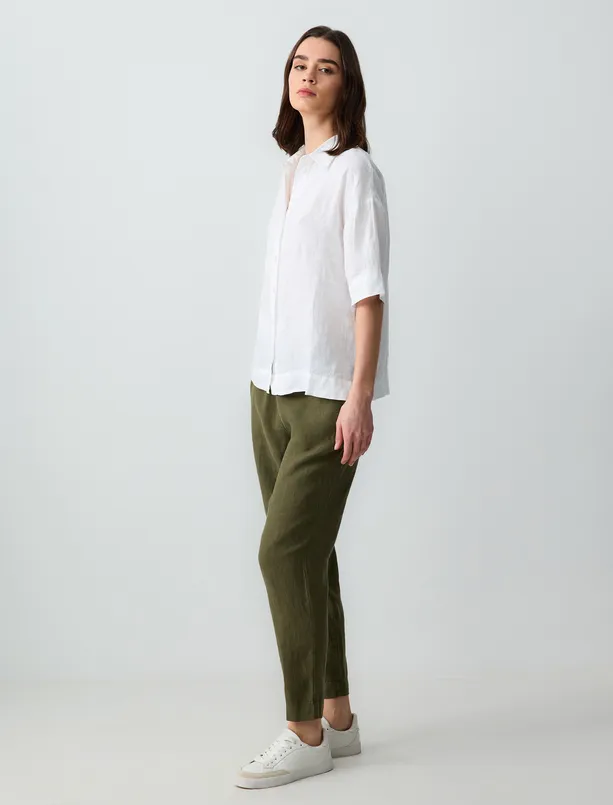 Women Haki High Waist Regular Leg Woven Linen Pants